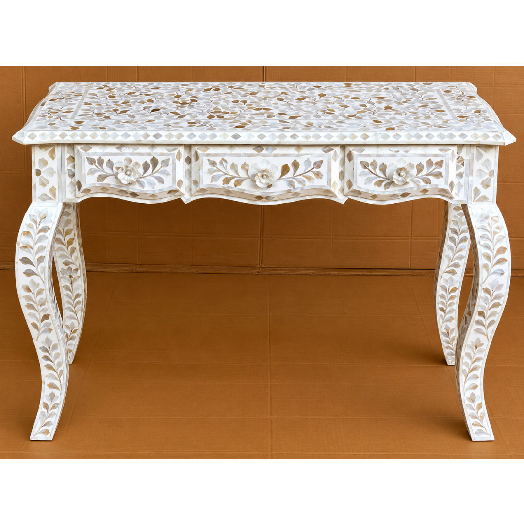 Handmade white Mother of Pearl inlay console table with three drawers, floral design and curved legs