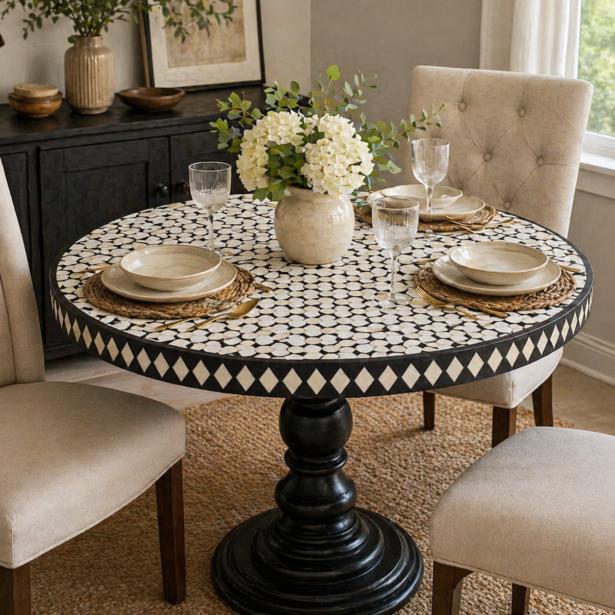 Handmade Bone Inlay Dining Table – Targua Design Round Table | Luxury Black & White Mosaic Furniture