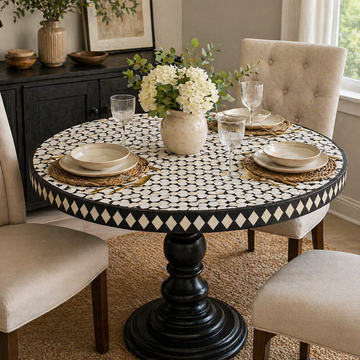 Handmade Bone Inlay Dining Table – Targua Design Round Table | Luxury Black & White Mosaic Furniture