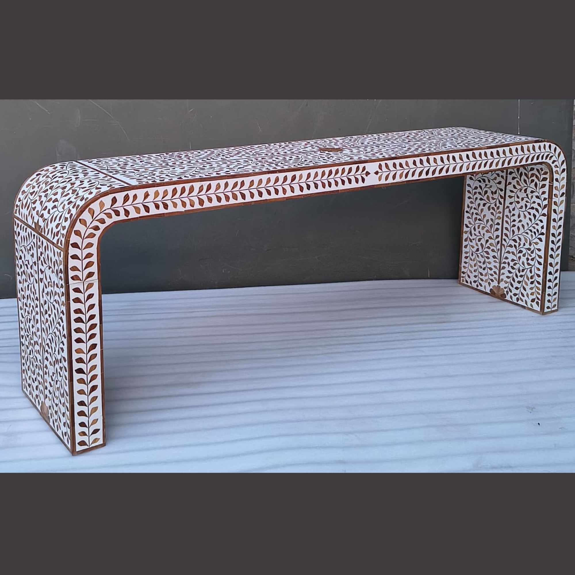 Handmade Bone Inlay Floral Console Table – Natural Wood Entryway Table, Luxury Hallway Table, Artisan Inlay Furniture