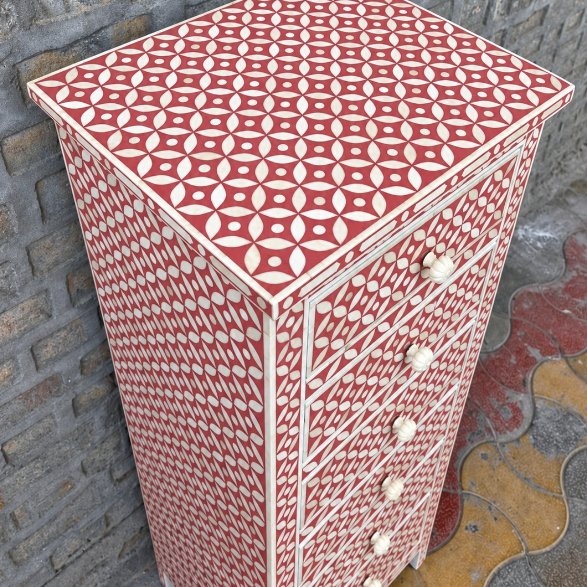 Handmade Red Bone Inlay 6 Drawer Tallboy Chest – Geometric Design