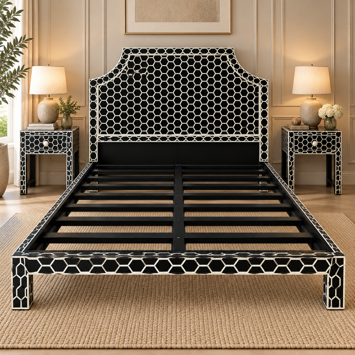 Handmade Black & White Bone Inlay Bed – Honeycomb Geometric Platform Bed