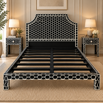 Handmade Black & White Bone Inlay Bed – Honeycomb Geometric Platform Bed