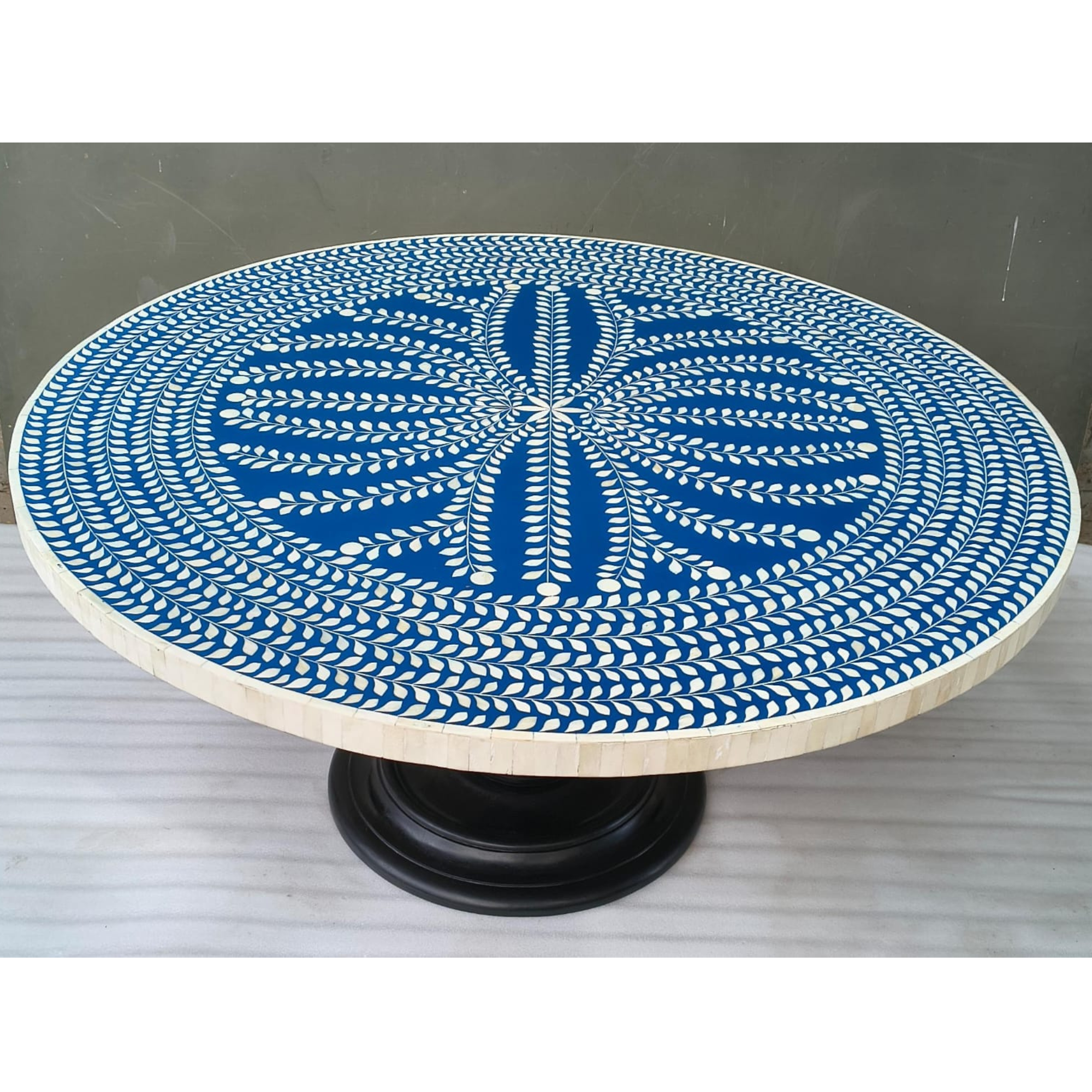 Handmade Bone Inlay Floral Dining Table – Blue Round Inlay Table, Luxury Resin Inlay Furniture, Artisan Crafted Dining Table