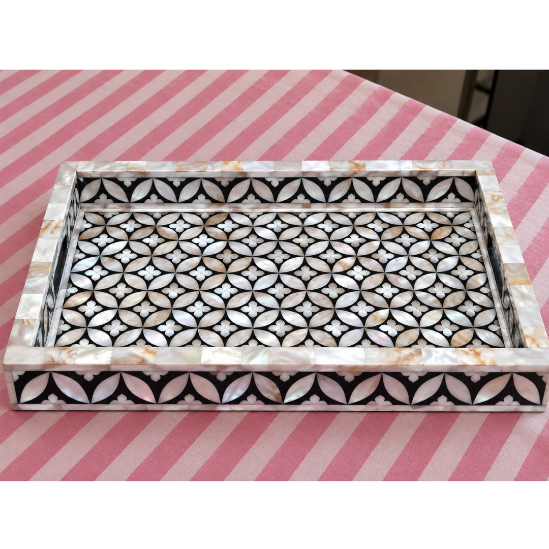 Black & White Mother of Pearl Inlay Serving Tray – Handmade Geometric Rectangular Tray with Handles