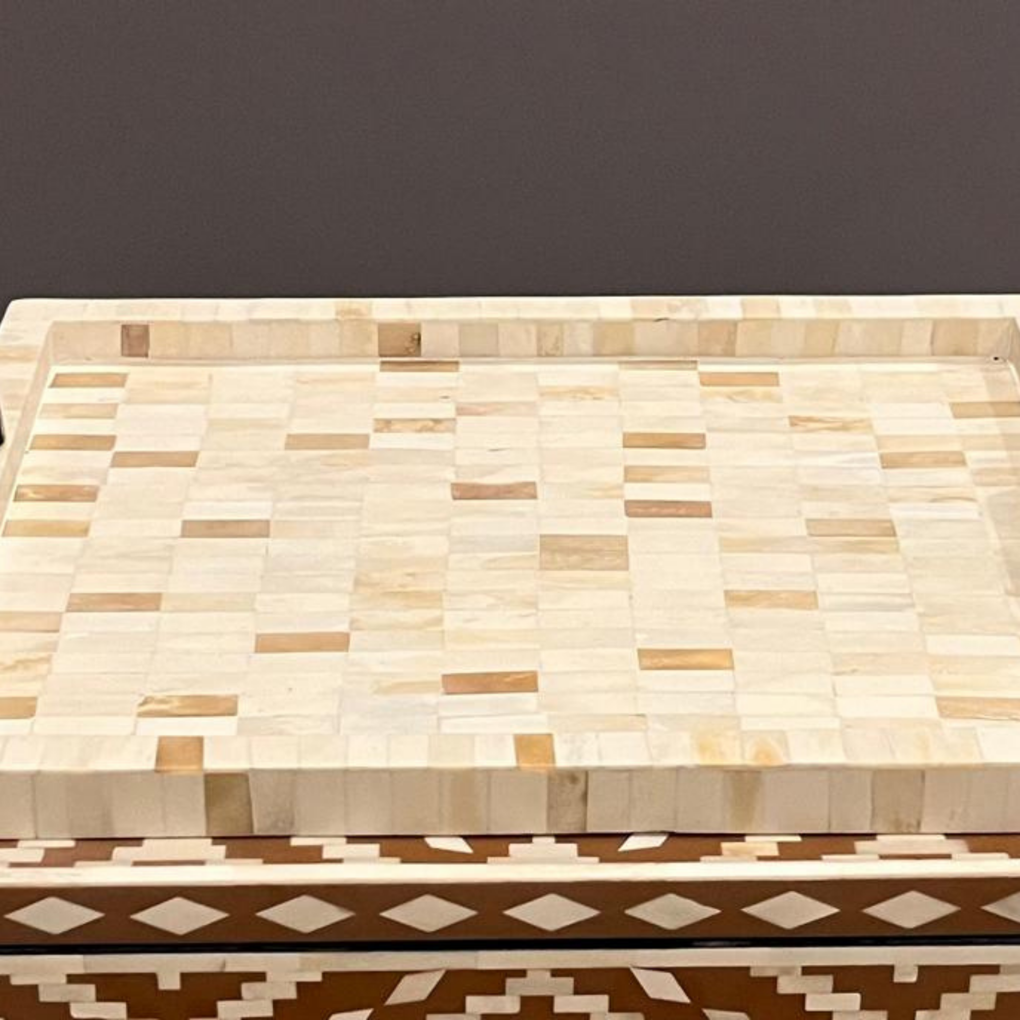 Handmade Natural Bone Inlay Serving Tray with Metal Handles