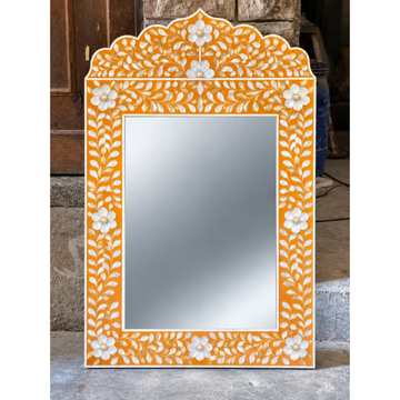 Orange Mother of Pearl Inlay Mirror – Handmade Floral Crown Wall Mirror