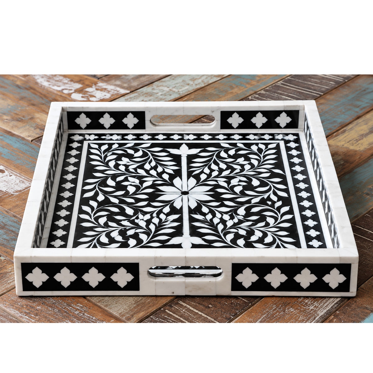 Handmade Black & White Bone Inlay Serving Tray – Floral Design with Handles