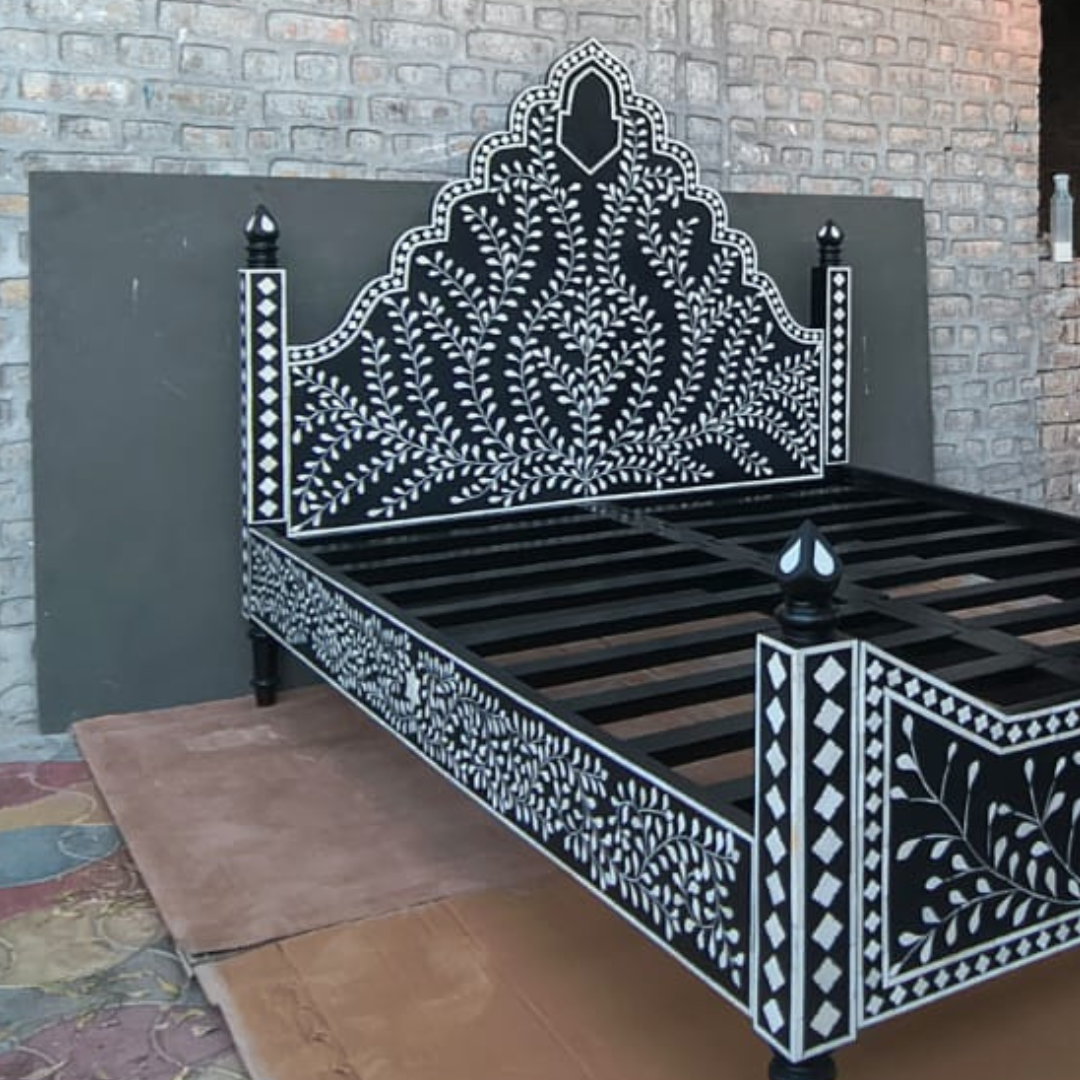 Black Bone Inlay Bed Frame Floral Handmade Luxury Bed King Queen Size Wooden Bed Frame Boho Chic Bedroom Furniture