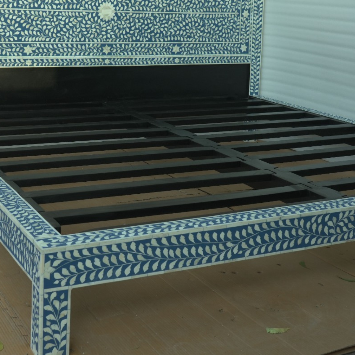 Handmade Blue & White Bone Inlay Bed – Floral Vine Platform Bed Frame