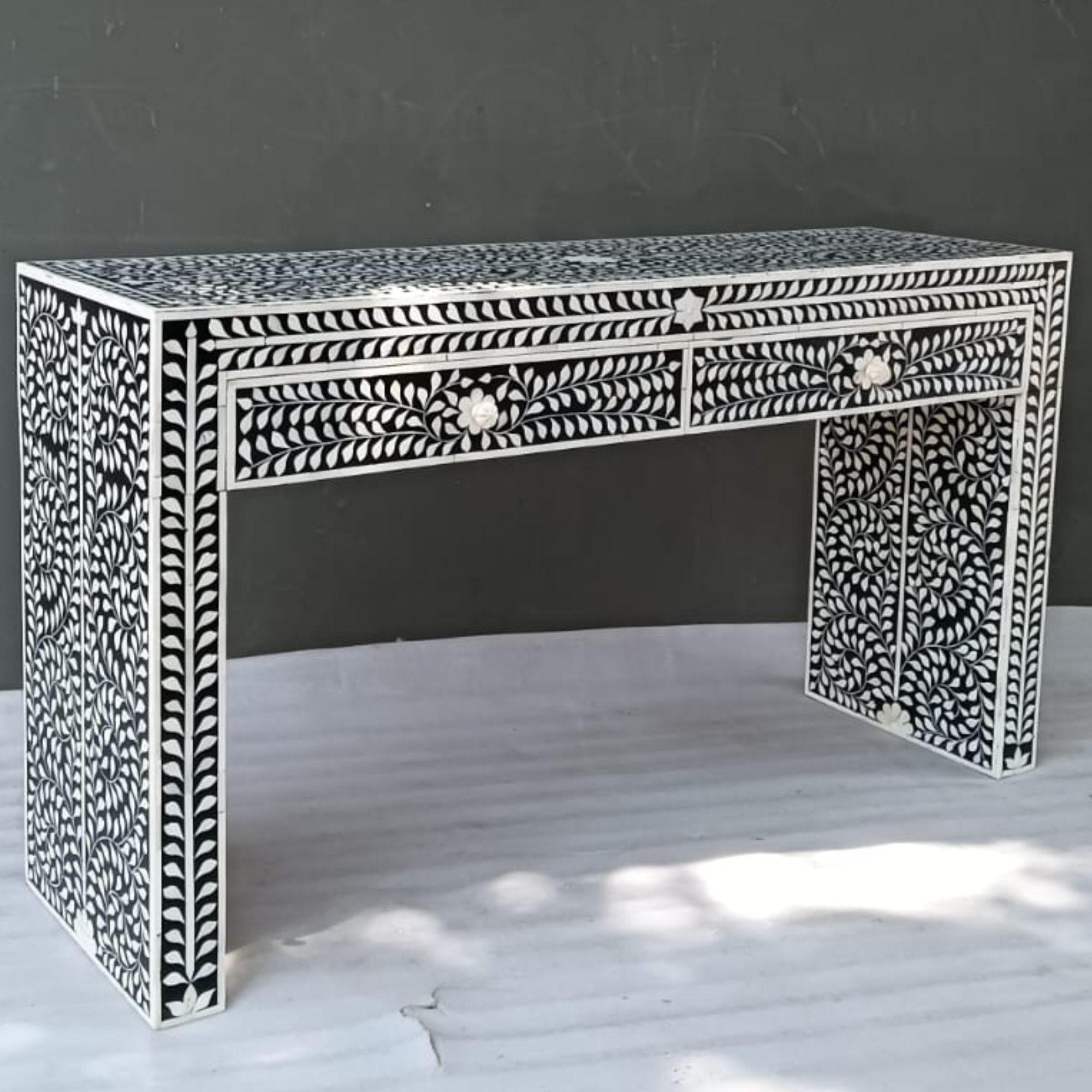 Handmade Bone Inlay Floral Console Table – Black White Entryway Table with Drawers, Luxury Hallway Furniture