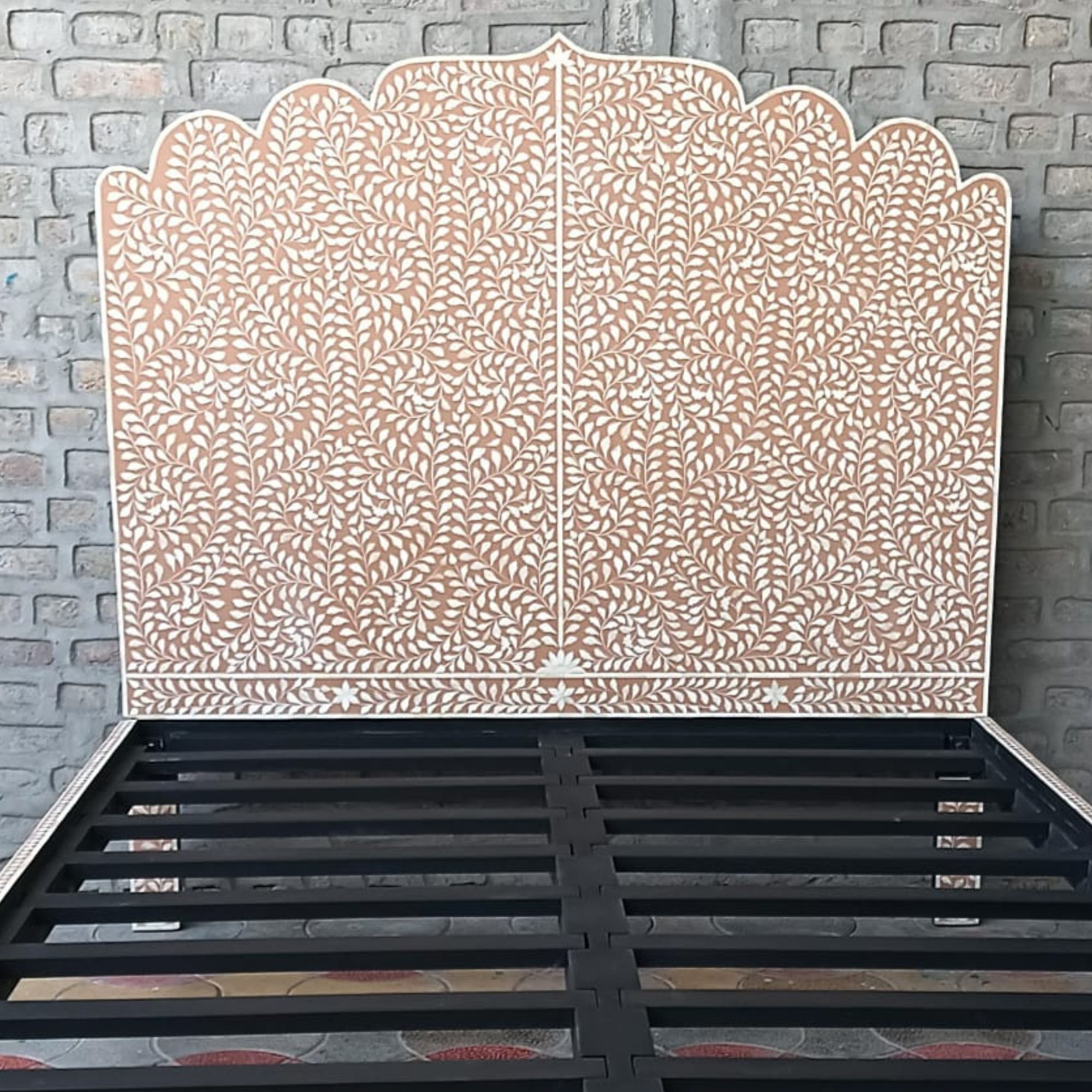 Blush Pink Mother of Pearl Inlay Bed – Floral Scalloped Platform Bed Frame