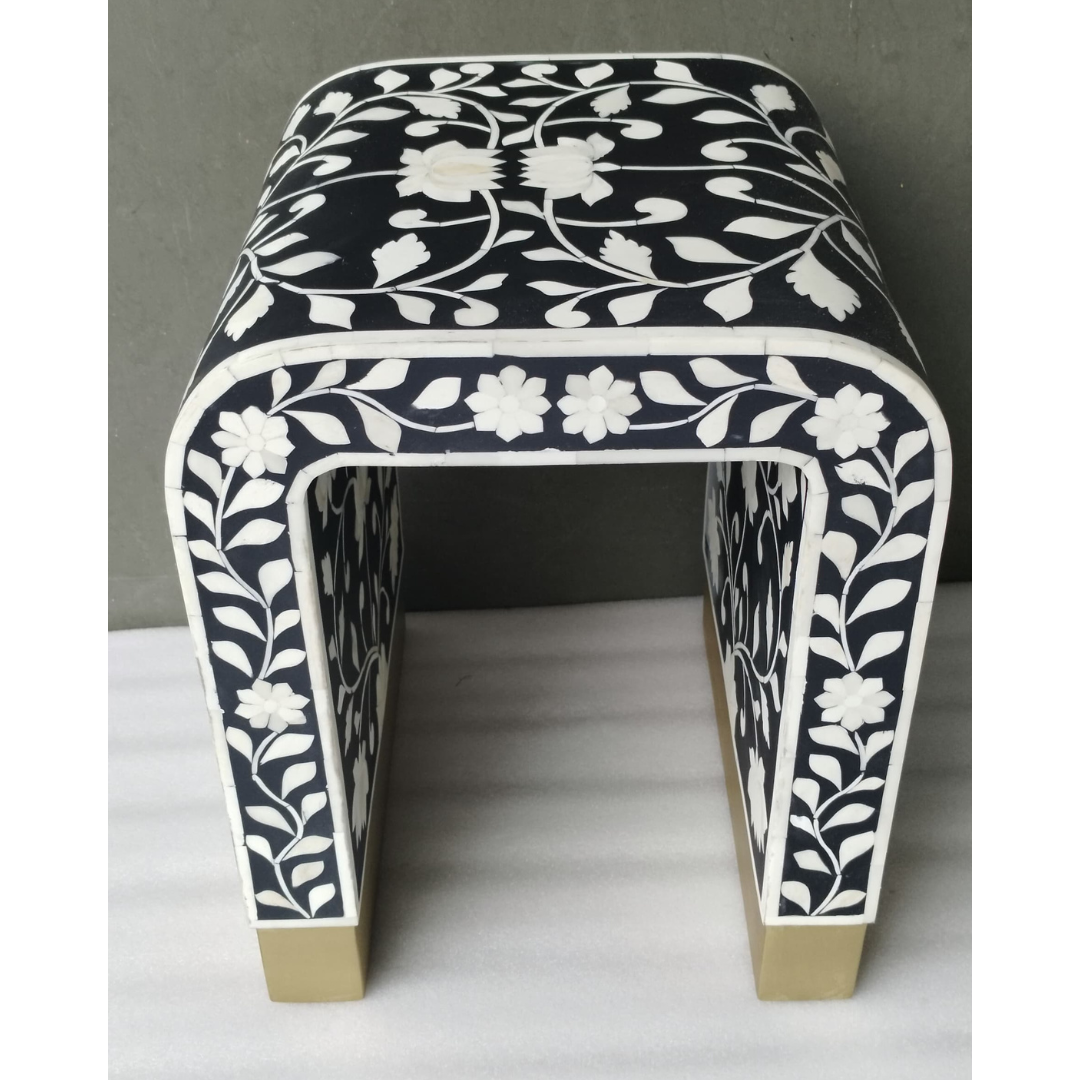Black Bone Inlay Side Table – Handmade Floral Accent Stool