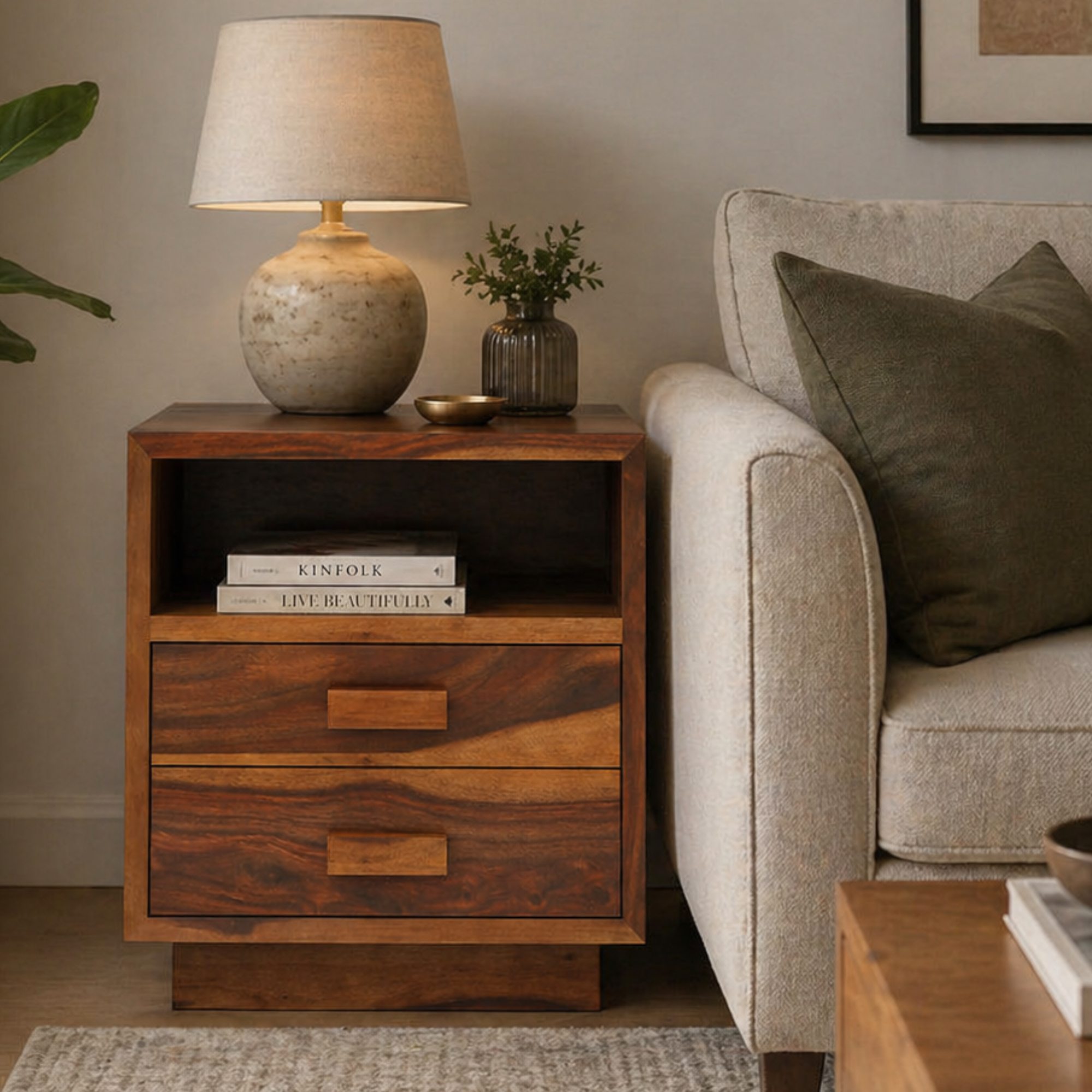 Modern Solid Wood Bedside Table with 2 Drawers & Open Shelf | Rustic Handmade Wooden Nightstand for Bedroom & Living Room