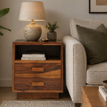 Modern Solid Wood Bedside Table with 2 Drawers & Open Shelf | Rustic Handmade Wooden Nightstand for Bedroom & Living Room