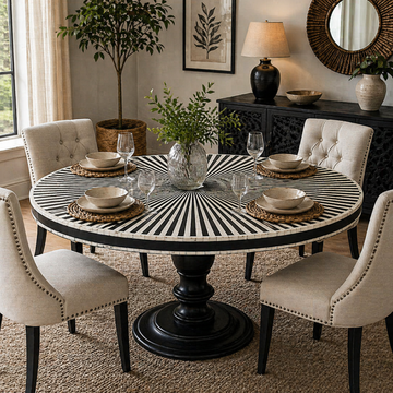 Handmade Bone Inlay Stripe Dining Table Round Black White Pedestal Table Luxury Dining Room Furniture Modern Home Decor