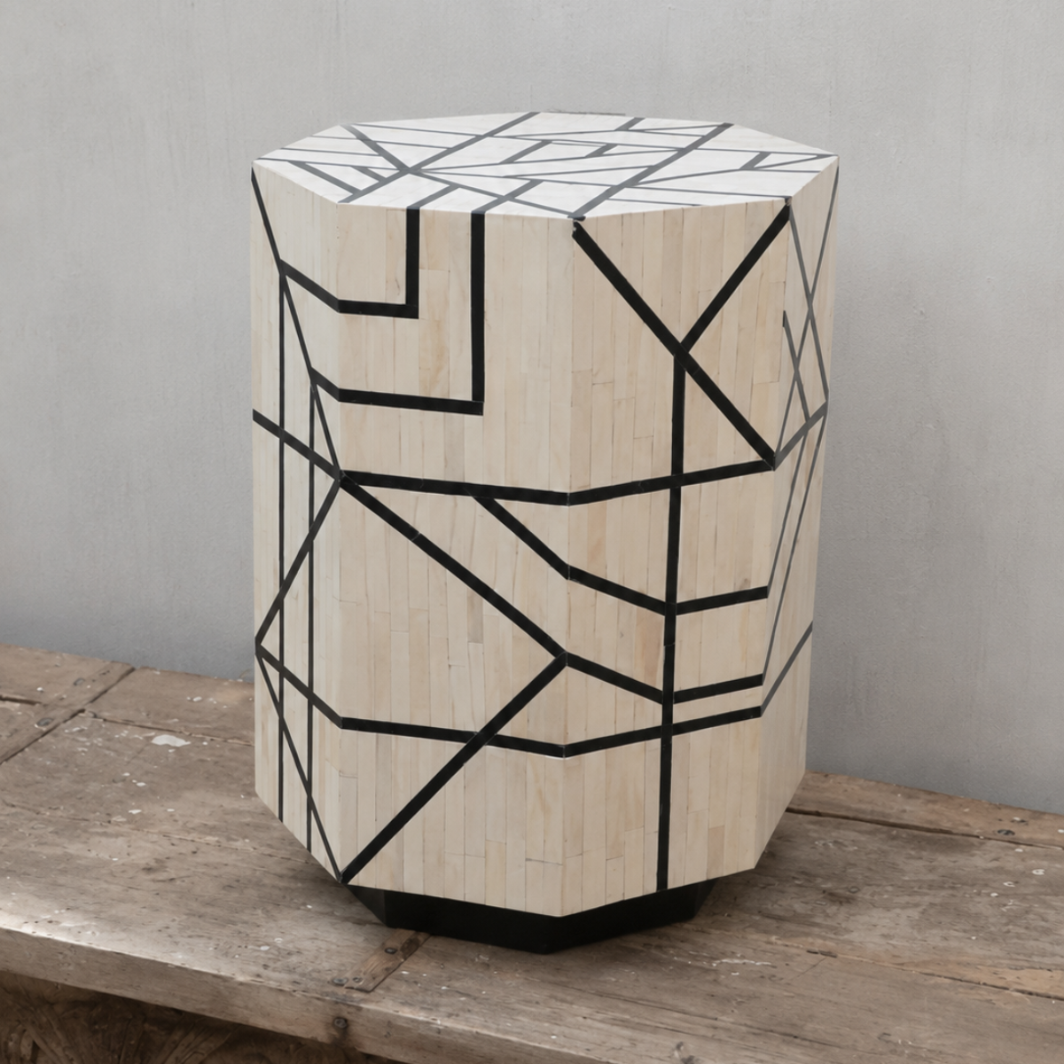 Geometric Bone Inlay Side Table | Handmade Modern Accent Table