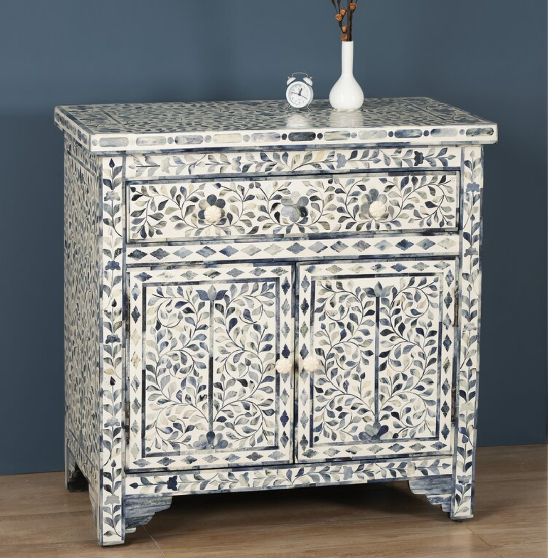 Handmade Blue Floral Bone Inlay Sideboard Cabinet | Luxury Storage Cabinet