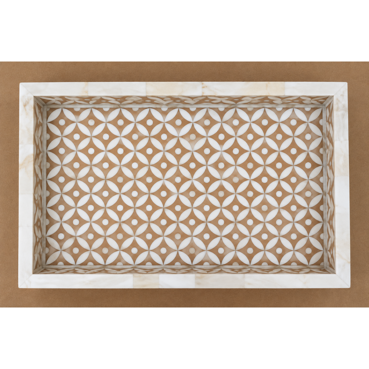 Handmade Beige Bone Inlay Serving Tray – Geometric Leaf Pattern Decorative Tray