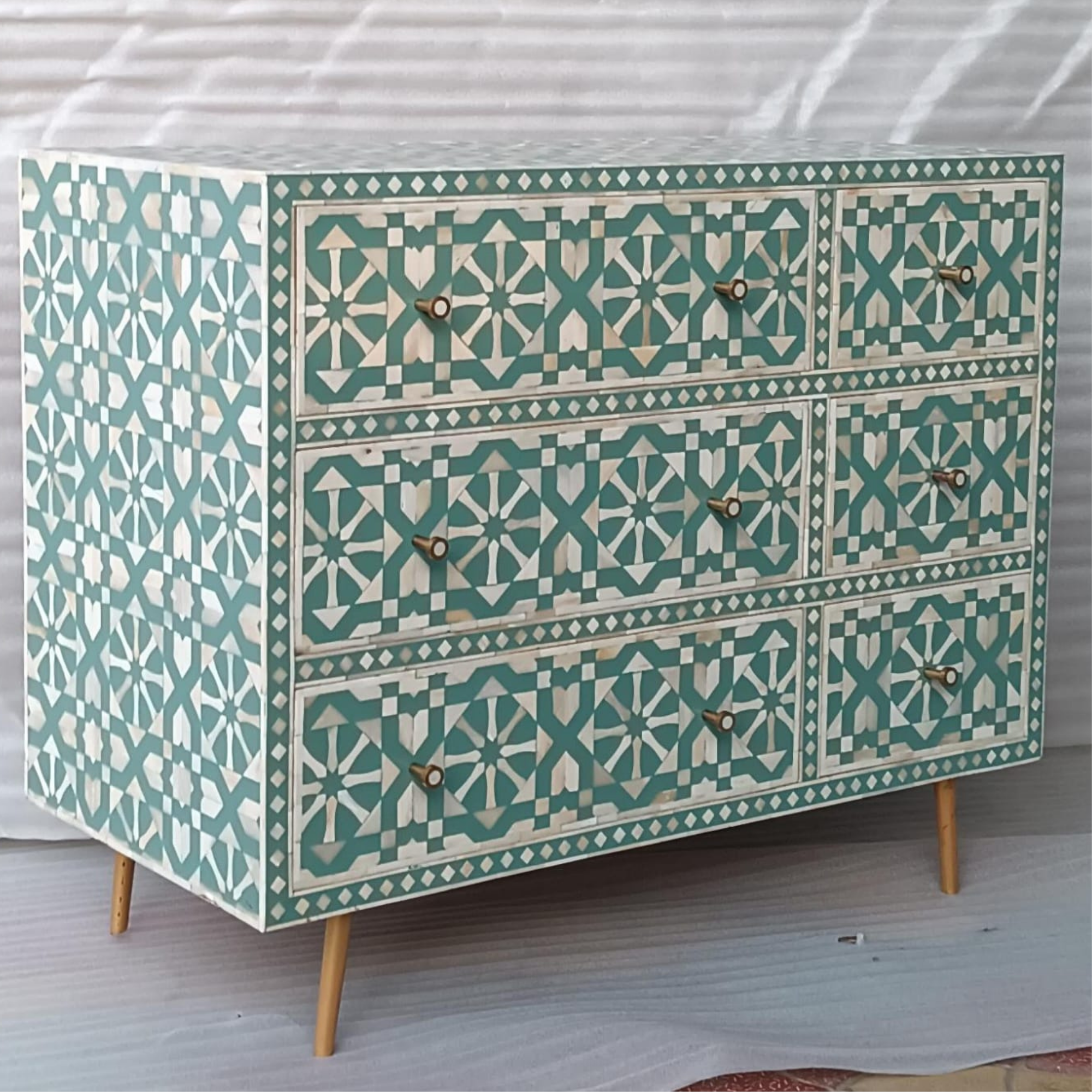 Turquoise Arrow Bone Inlay Sideboard Cabinet | Handmade 6 Drawer Storage Chest