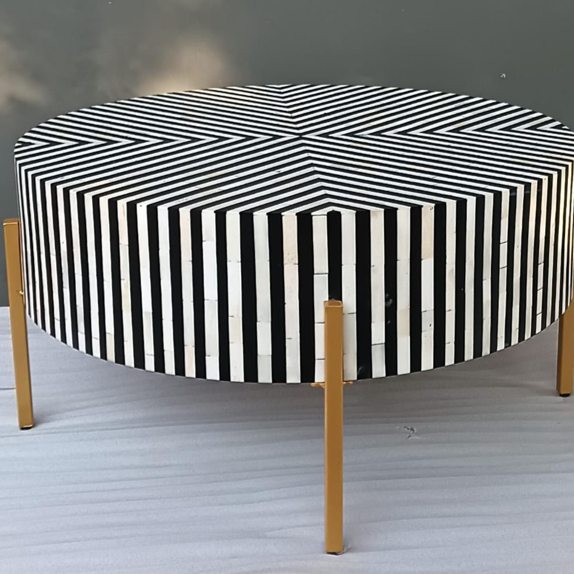 Black and White Striped Bone Inlay Round Coffee Table with Gold Legs | Modern Geometric Center Table