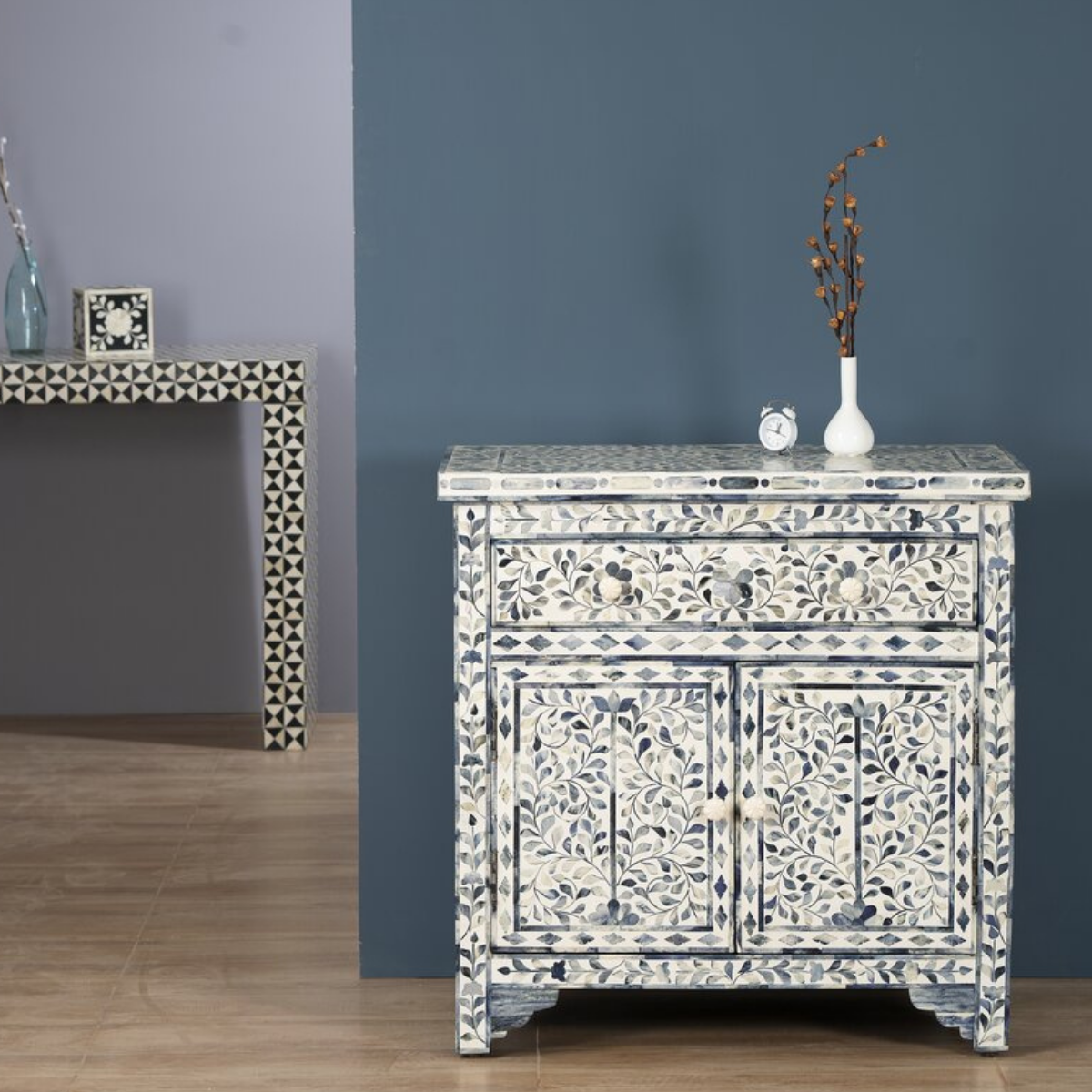 Handmade Blue Floral Bone Inlay Sideboard Cabinet | Luxury Storage Cabinet