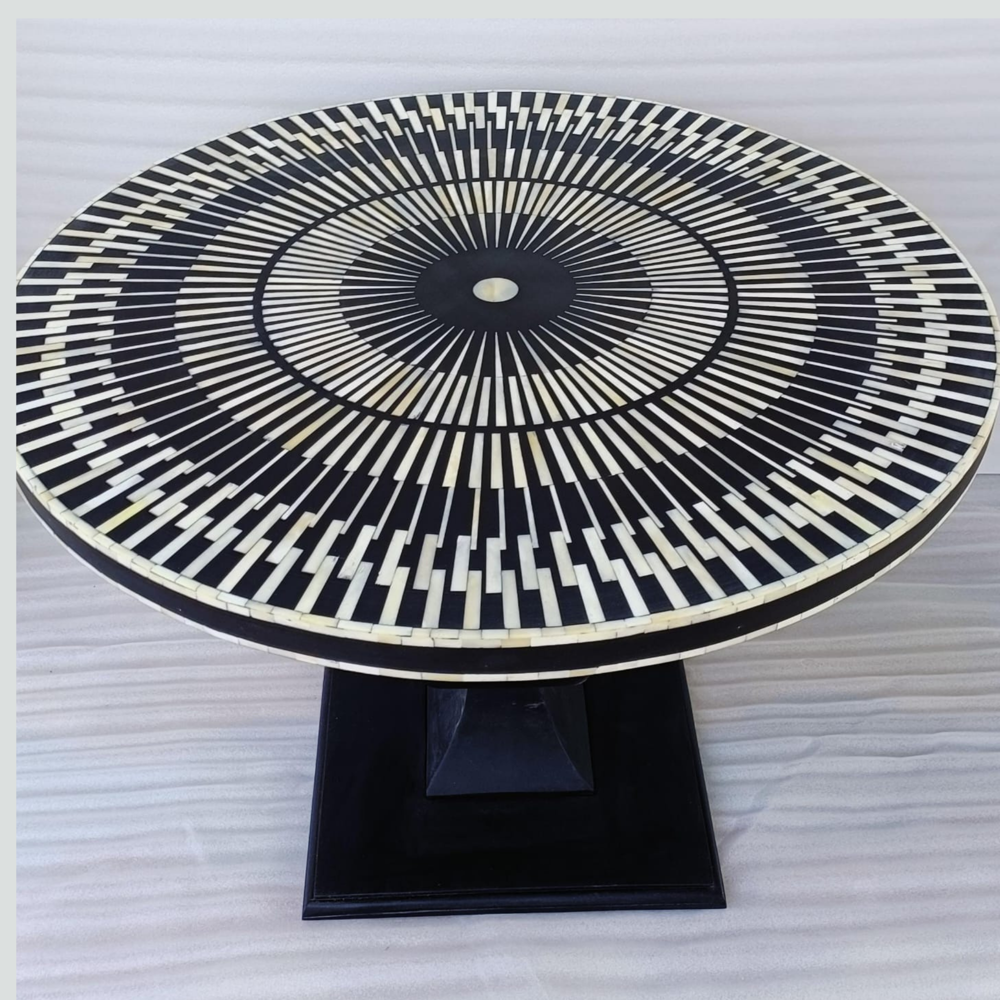Black Bone Inlay Round Pedestal Coffee Table | Handmade Geometric Center Table