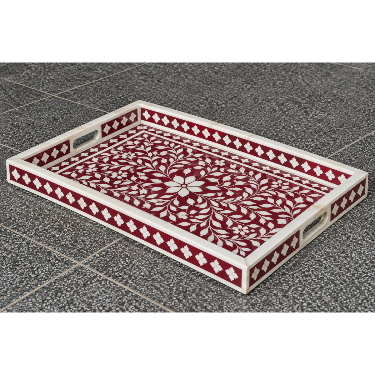 Handmade Red Bone Inlay Serving Tray – Floral Design Decorative Tray