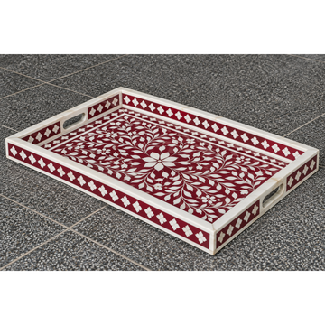 Handmade Red Bone Inlay Serving Tray – Floral Design Decorative Tray