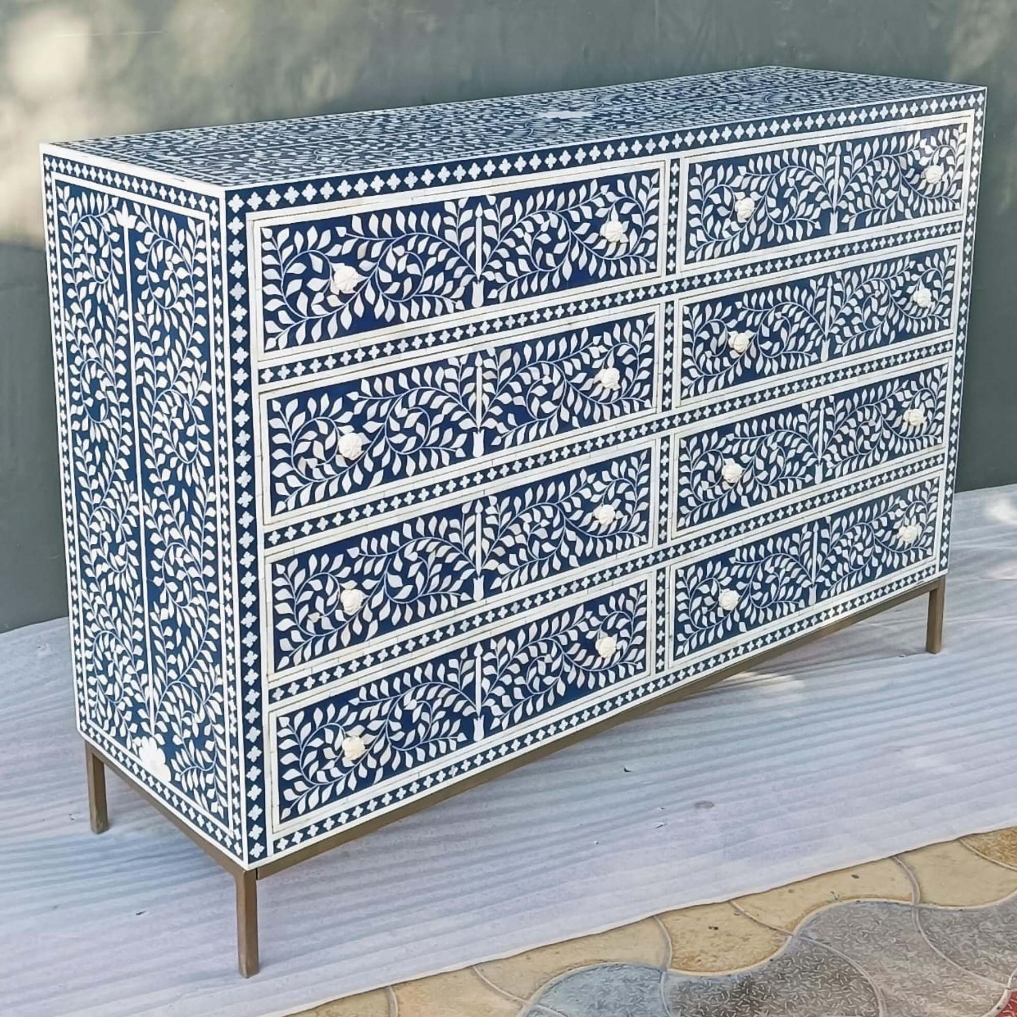 Blue Floral Bone Inlay Dresser Chest | Handmade 8 Drawer Storage Cabinet