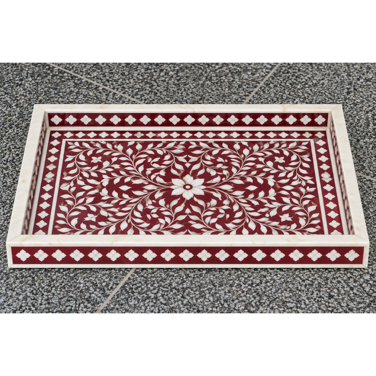 Handmade Red Bone Inlay Serving Tray – Floral Design Decorative Tray