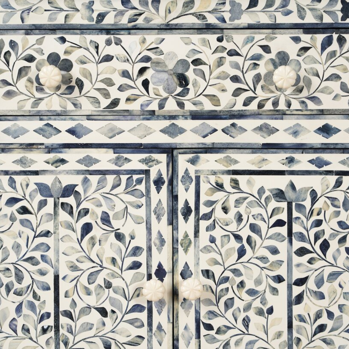 Handmade Blue Floral Bone Inlay Sideboard Cabinet | Luxury Storage Cabinet