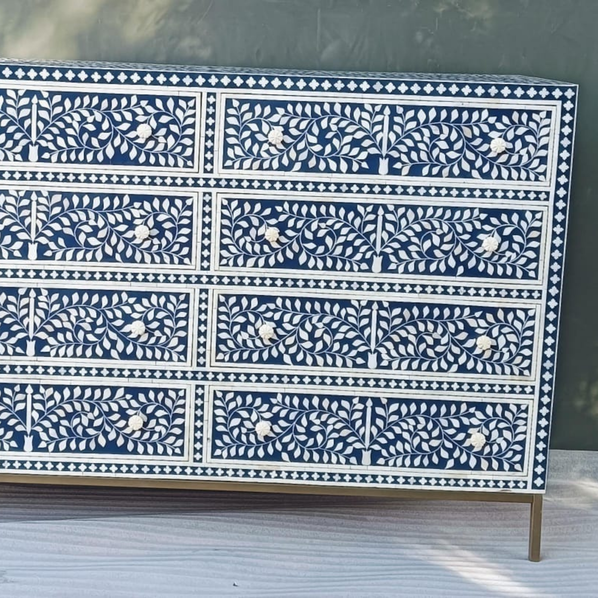 Blue Floral Bone Inlay Dresser Chest | Handmade 8 Drawer Storage Cabinet