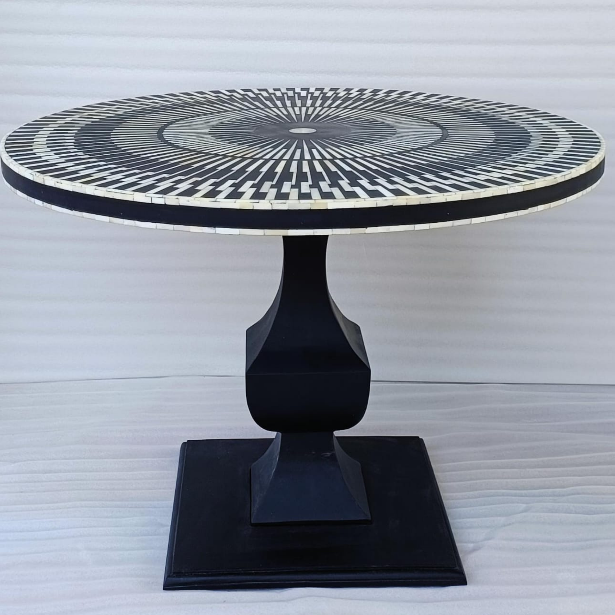 Black Bone Inlay Round Pedestal Coffee Table | Handmade Geometric Center Table