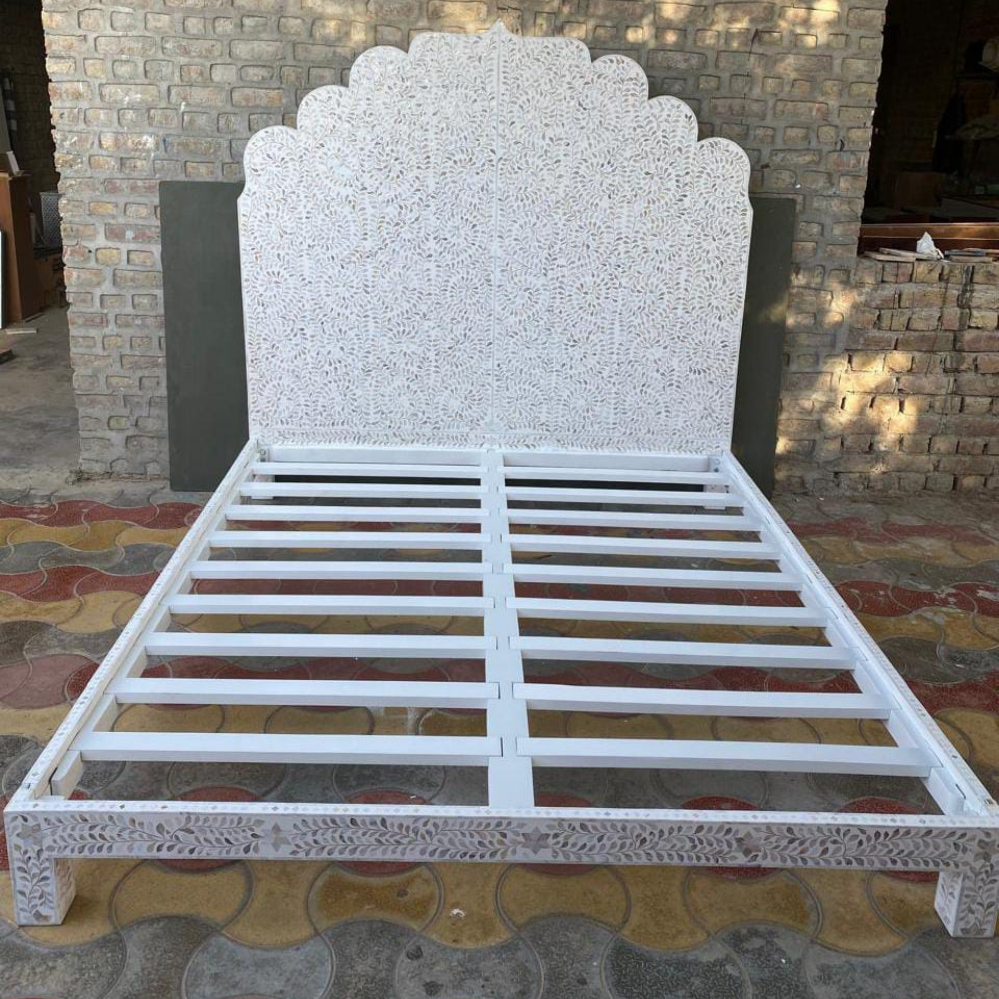 White Mother of Pearl Inlay Bed Frame | Handmade Luxury Floral Bed