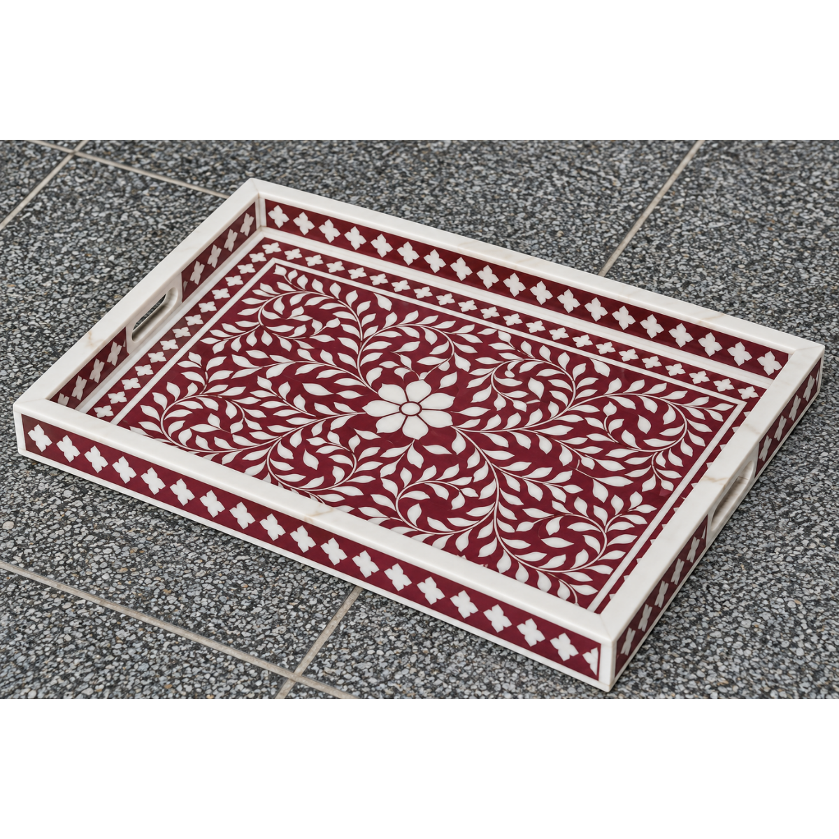 Handmade Red Bone Inlay Serving Tray – Floral Design Decorative Tray