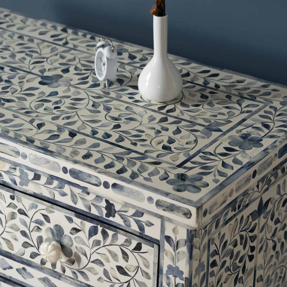 Handmade Blue Floral Bone Inlay Sideboard Cabinet | Luxury Storage Cabinet