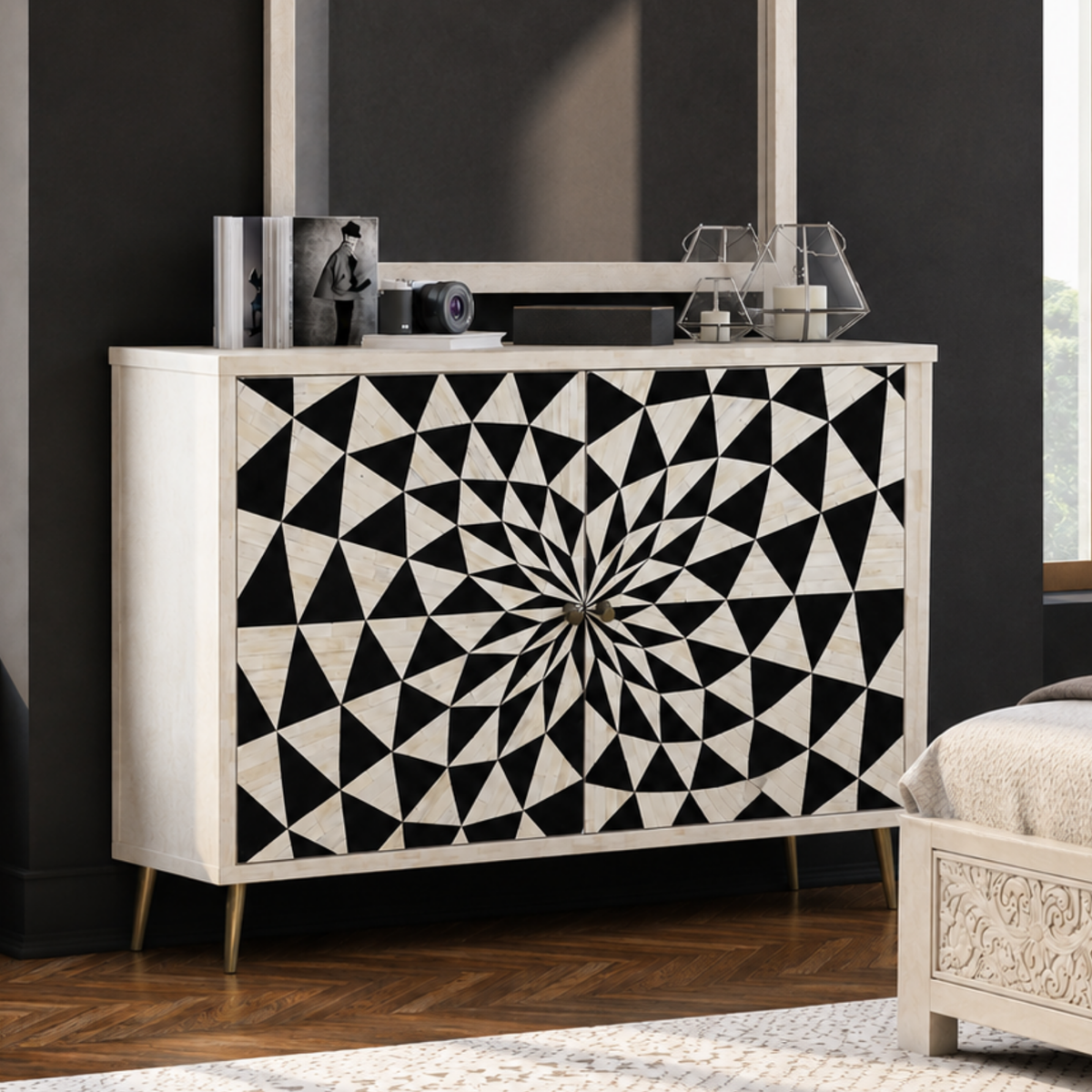 Handmade Black & White Bone Inlay Sideboard – Geometric Starburst 2 Door Cabinet