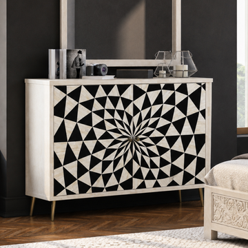 Handmade Black & White Bone Inlay Sideboard – Geometric Starburst 2 Door Cabinet