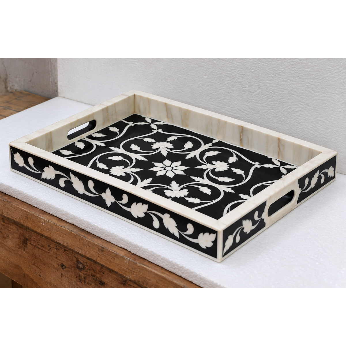 Handmade Black Bone Inlay Serving Tray – Floral Design Decorative Tray