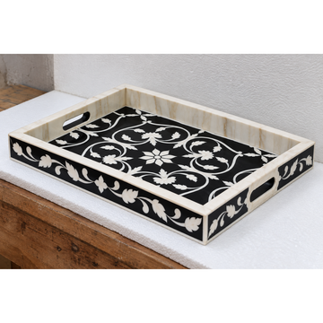Handmade Black Bone Inlay Serving Tray – Floral Design Decorative Tray