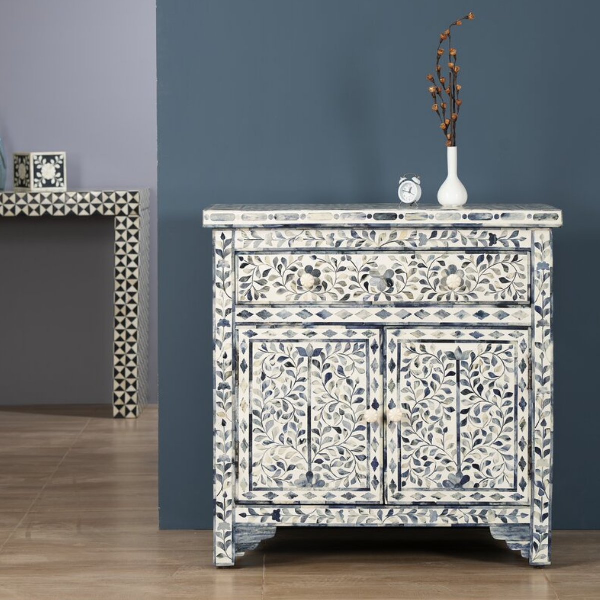 Handmade Blue Floral Bone Inlay Sideboard Cabinet | Luxury Storage Cabinet