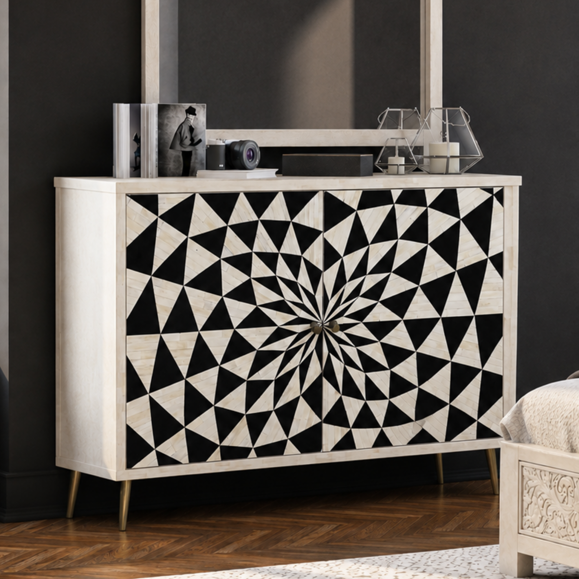 Handmade Black and White Geometric Bone Inlay Sideboard Cabinet | Modern Storage Console
