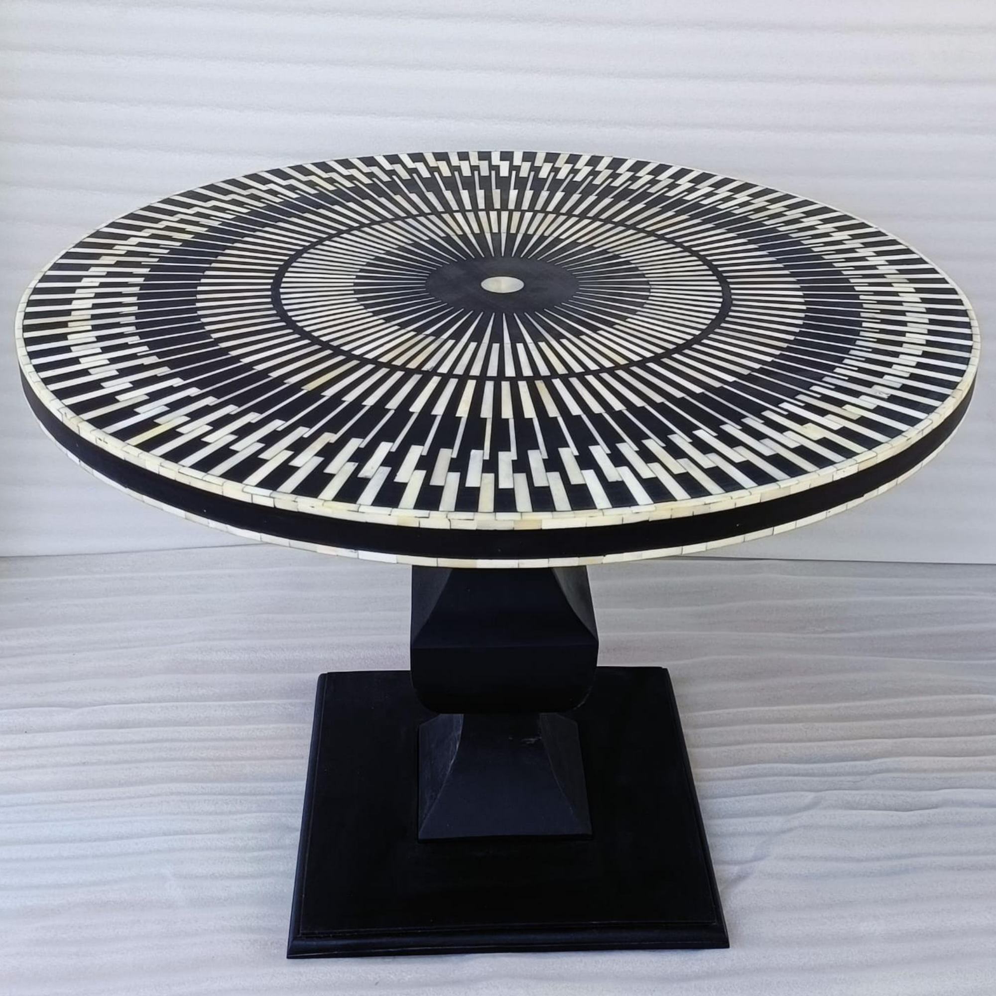 Black Bone Inlay Round Pedestal Coffee Table | Handmade Geometric Center Table