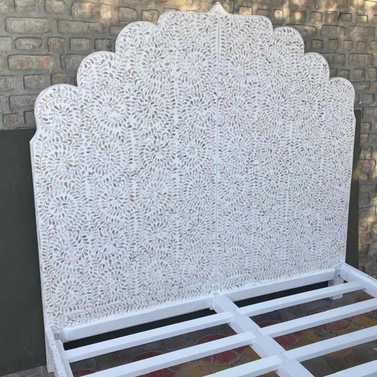 Handmade White Mother of Pearl Inlay Bed – Floral Scalloped Platform Bed Frame