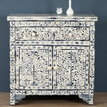Handmade Blue Floral Bone Inlay Sideboard Cabinet | Luxury Storage Cabinet