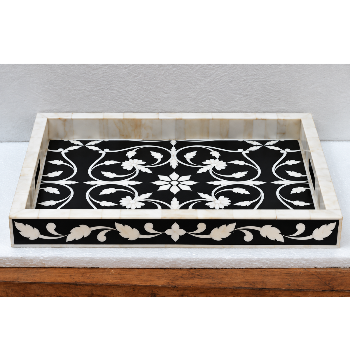 Handmade Black Bone Inlay Serving Tray – Floral Design Decorative Tray