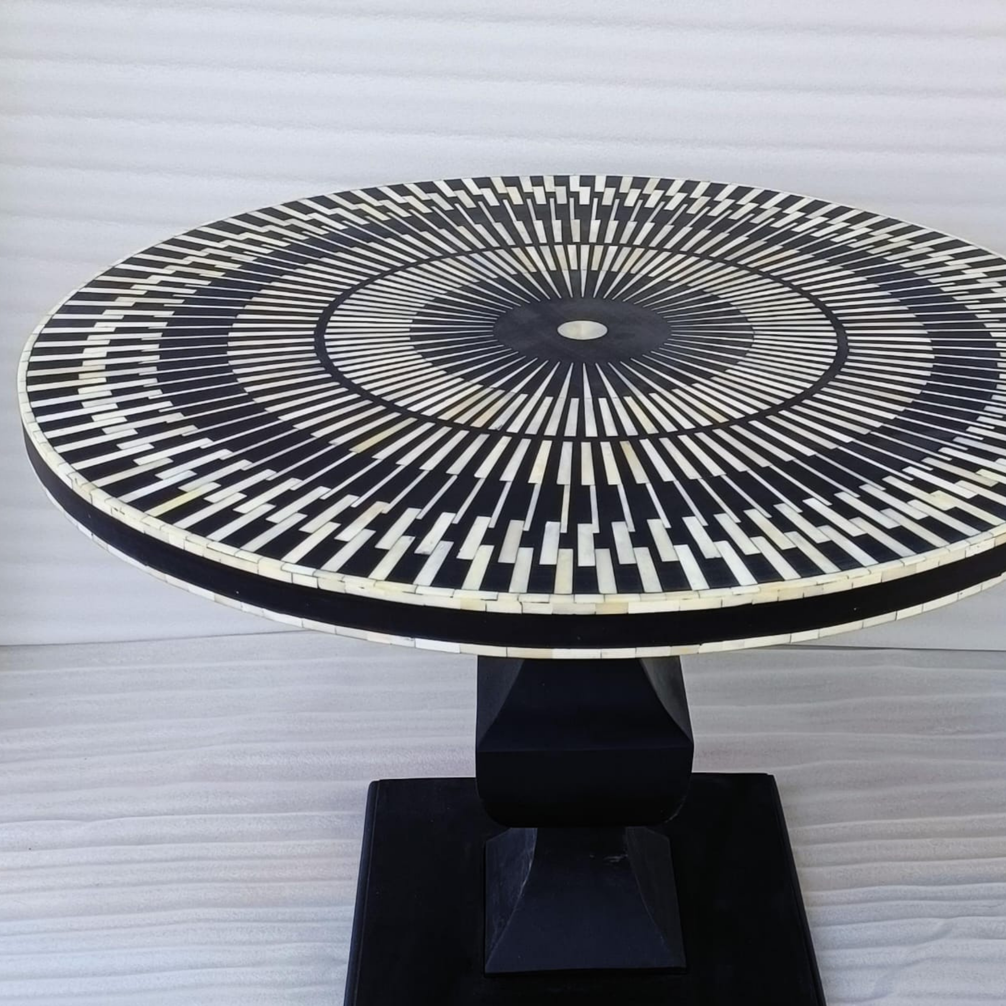 Black Bone Inlay Round Pedestal Coffee Table | Handmade Geometric Center Table