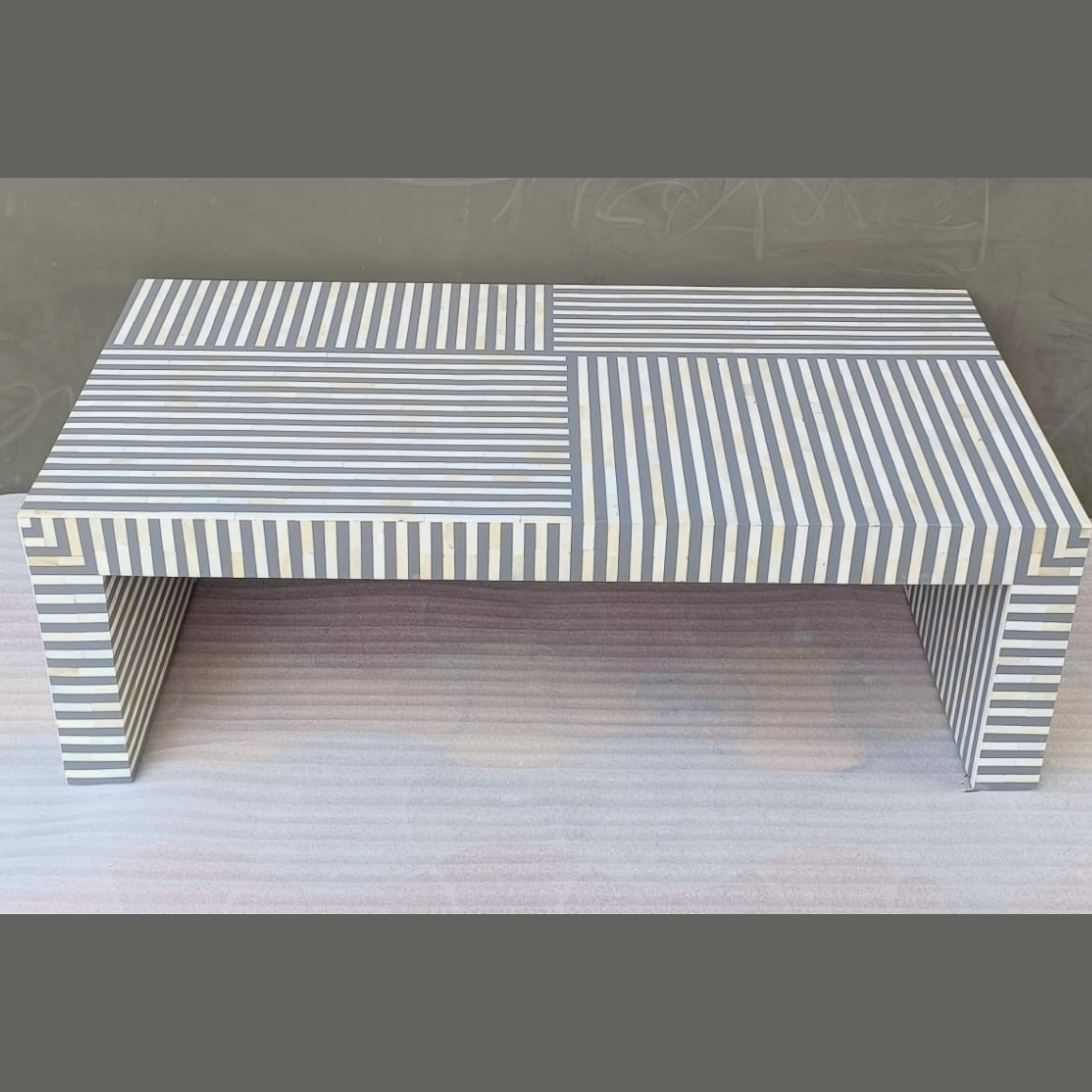 Modern Black & White Striped Bone Inlay Coffee Table | Handmade Geometric Center Table