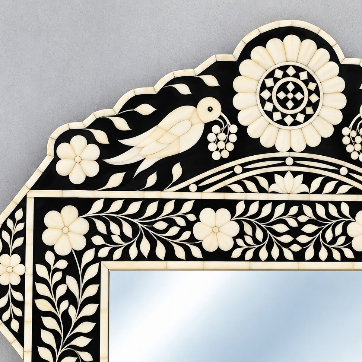 Handmade Black Bone Inlay Peacock Mirror – Floral Statement Wall Mirror
